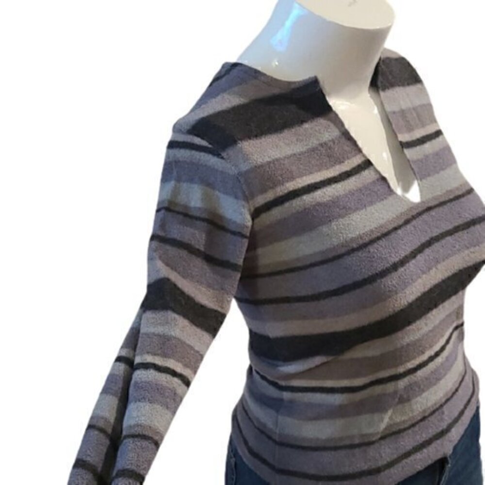 Express Striped V-Neck Sweater in Gray and Black